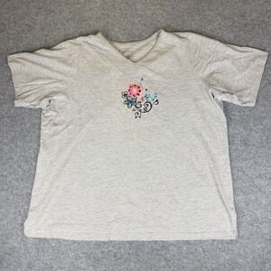 Dreams Co Gray V-Neck Top Embroidered Floral Bird Size L